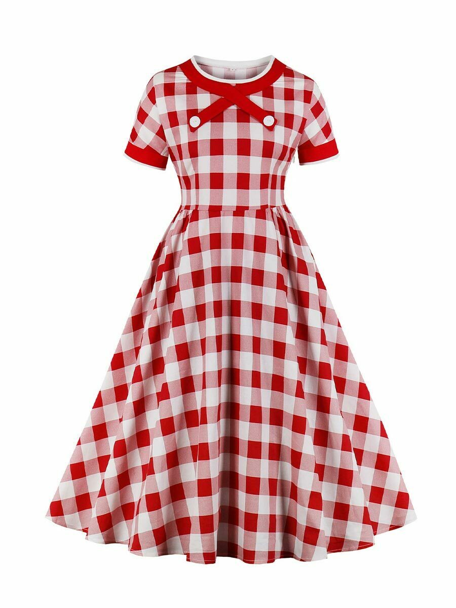 1950s Swing Dress Plaid Dresses Patchwork Tea Party Dress - Vintage-Retro