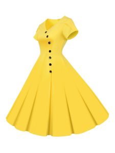 50s Dresses Solid Color V-Neck Short Sleeve Single Breasted Large Swing Dresses