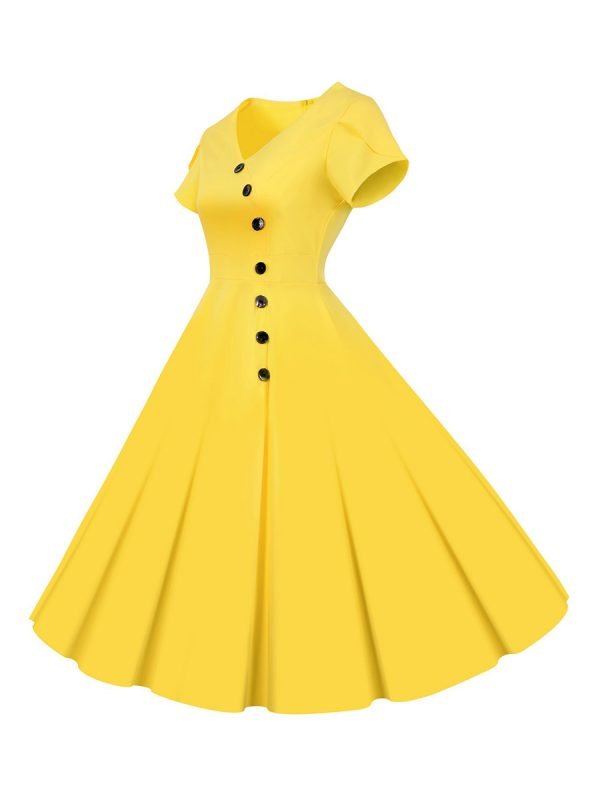 50s Dresses Solid Color V-Neck Short Sleeve Single Breasted Large Swing Dresses