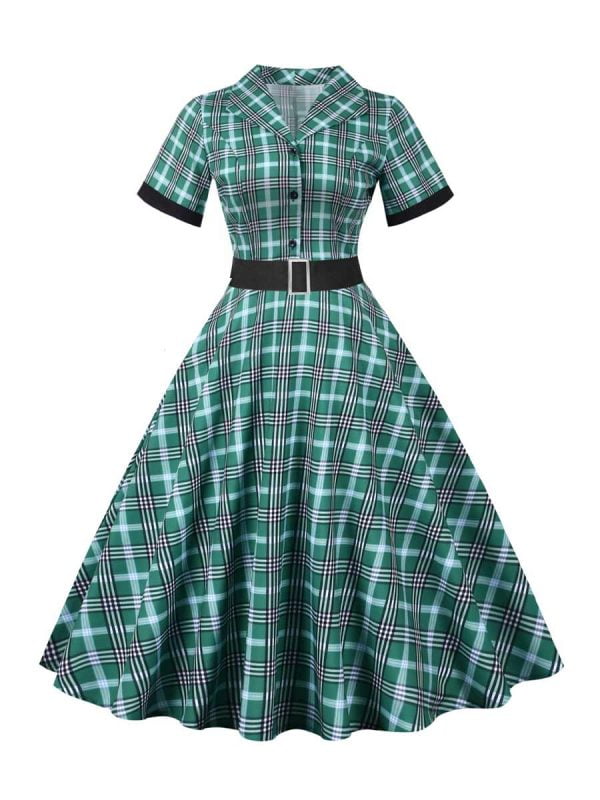 50s Dresses Hepburn's Stand Collar Single Breasted Short Sleeve Plaid Sash Dresses