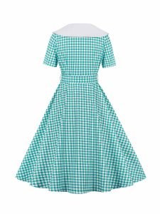 Retro Plaid Stitching Short-sleeved Swing Dress With Belt