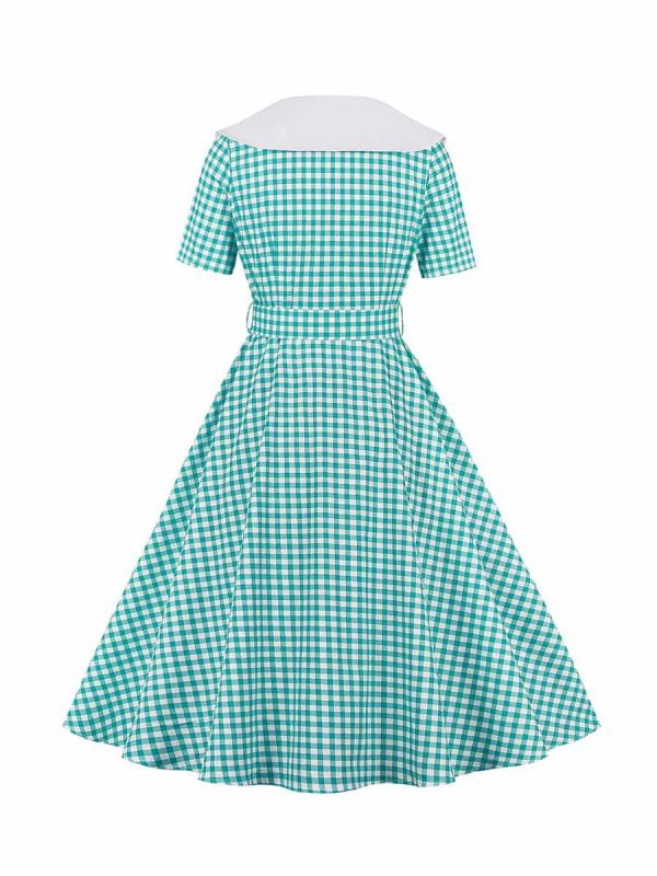 Retro Plaid Stitching Short-sleeved Swing Dress With Belt