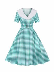 Retro Plaid Stitching Short-sleeved Swing Dress With Belt