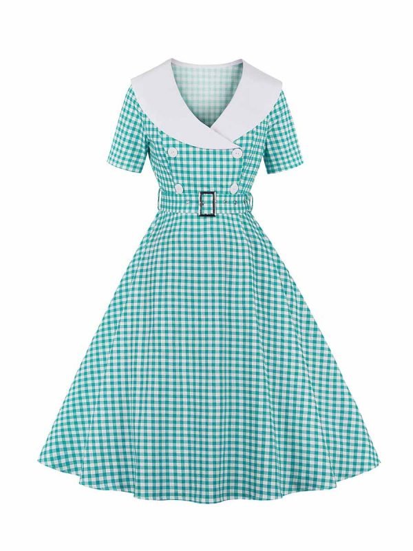 Retro Plaid Stitching Short-sleeved Swing Dress With Belt