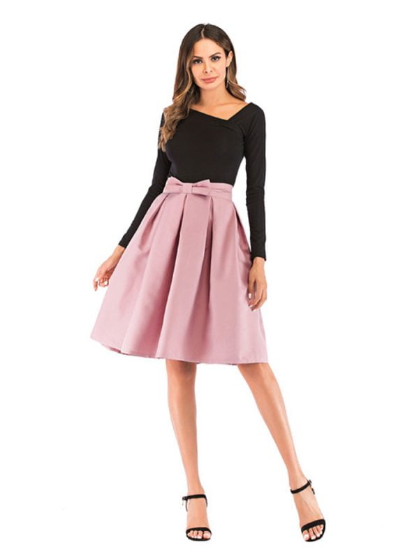 A-Line-Pleated-Vintage-Skirts-for-Women-Solid-Color-Bowknot-Swing-Skirt A-Line Pleated Vintage Skirts for Women Solid Color Bowknot Swing Skirt