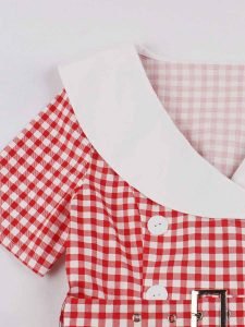 Retro Plaid Stitching Short-sleeved Swing Dress With Belt