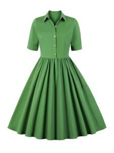 1950S Solid Front Buttons Swing Dress