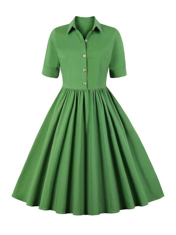 1950S Solid Front Buttons Swing Dress