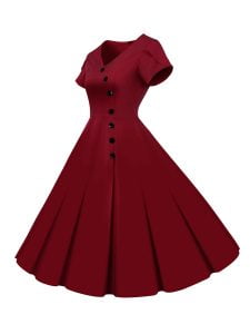 50s Dresses Solid Color V-Neck Short Sleeve Single Breasted Large Swing Dresses