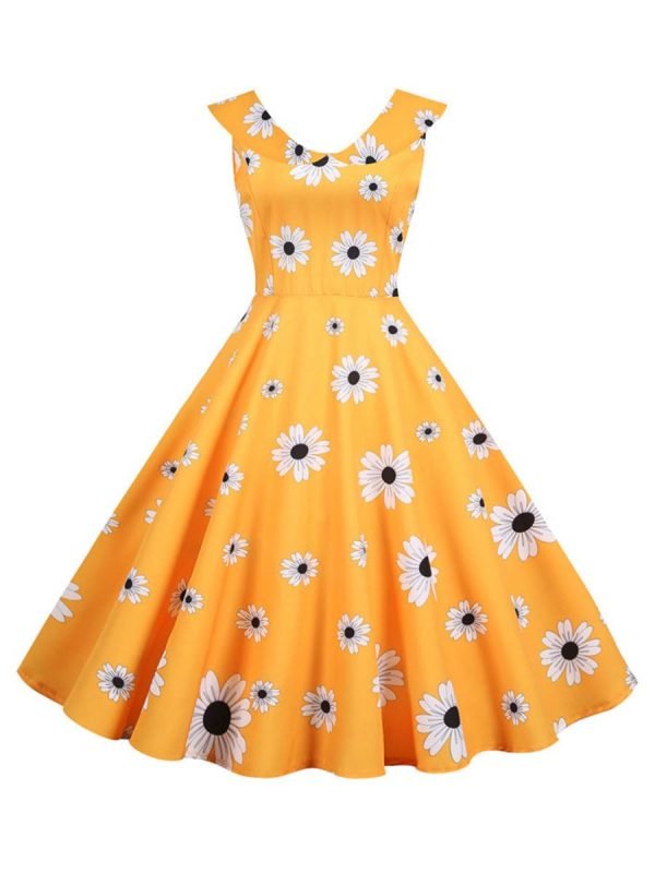 1950s Style Dresses Flowered Peter Pan Collar Large Swing Dancing Midi Dresses