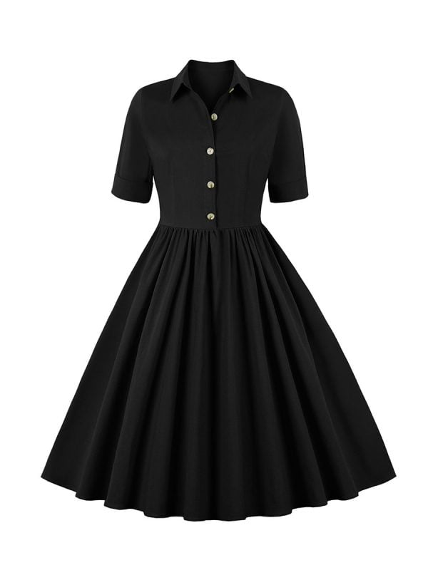 1950S Solid Front Buttons Swing Dress