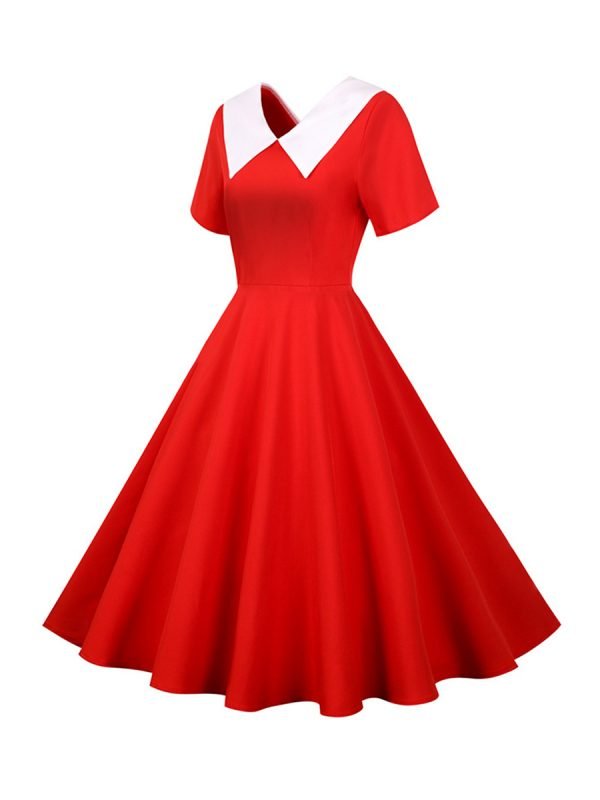 50s-Dresses-Hepburn's-Solid-Color-V-Neck-Short-Sleeve-Large-Swing-Dresses 50s Dresses Hepburn's Solid Color V-Neck Short Sleeve Large Swing Dresses