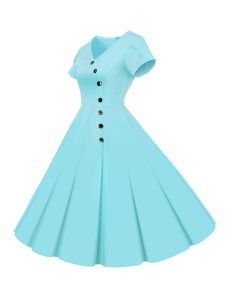50s Dresses Solid Color V-Neck Short Sleeve Single Breasted Large Swing Dresses
