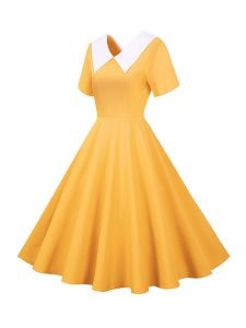 50s Dresses Hepburn's Solid Color V-Neck Short Sleeve Large Swing Dresses