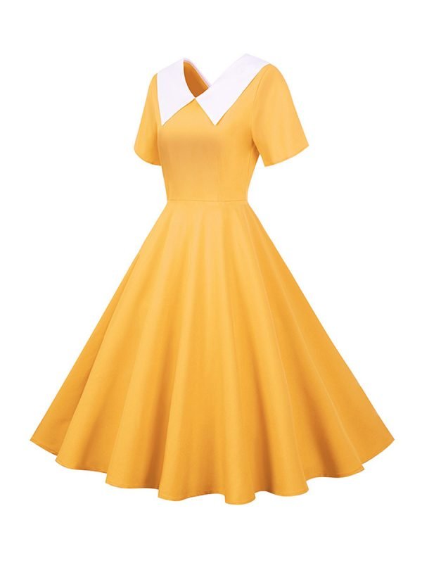 50s-Dresses-Hepburn's-Solid-Color-V-Neck-Short-Sleeve-Large-Swing-Dresses 50s Dresses Hepburn's Solid Color V-Neck Short Sleeve Large Swing Dresses