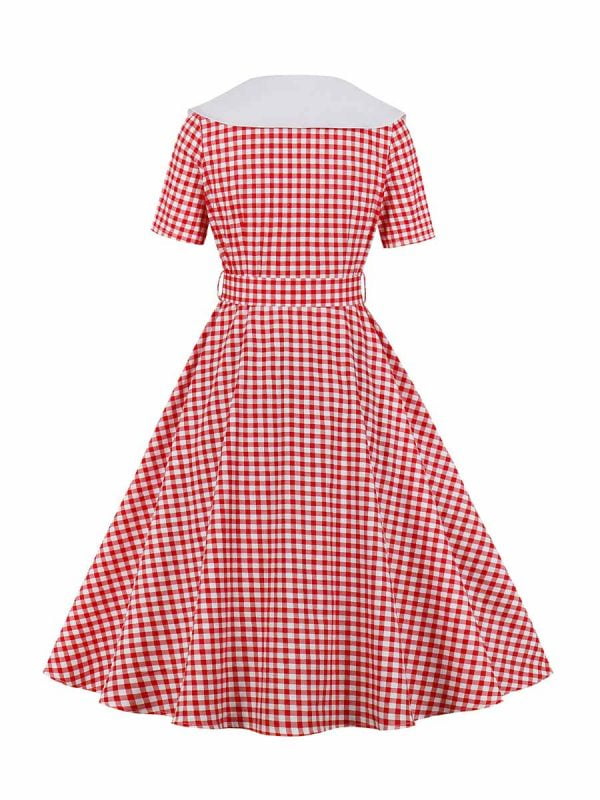 Retro Plaid Stitching Short-sleeved Swing Dress With Belt