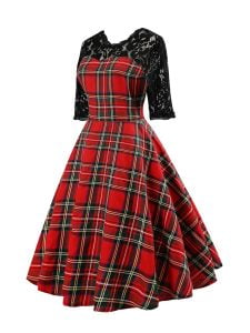 1950s Style Dresses Half Sleeve Lace Floral Plaid Large Swing Dresses