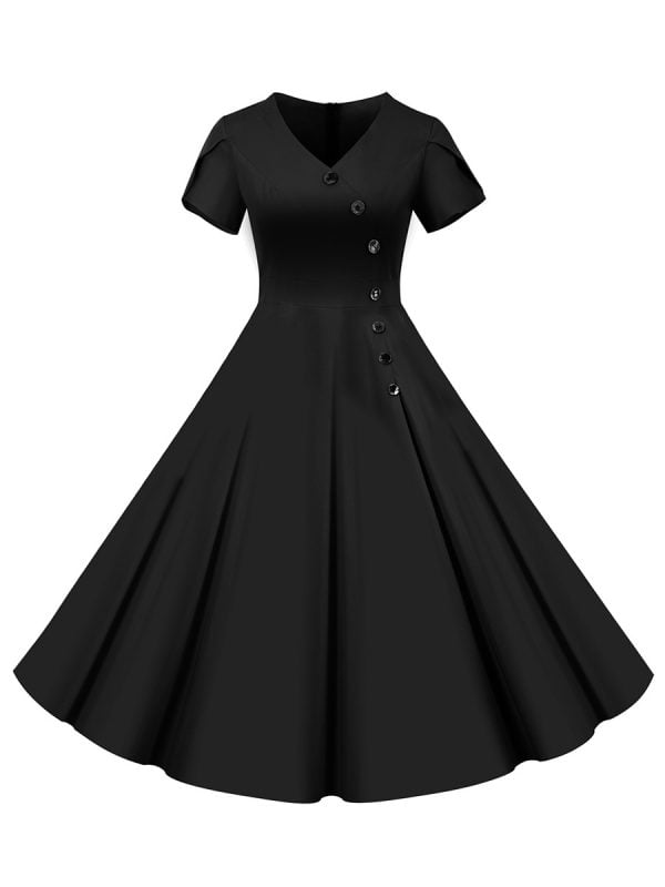 50s Dresses Solid Color V-Neck Short Sleeve Single Breasted Large Swing Dresses