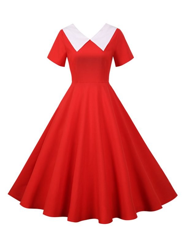 50s-Dresses-Hepburn's-Solid-Color-V-Neck-Short-Sleeve-Large-Swing-Dresses 50s Dresses Hepburn's Solid Color V-Neck Short Sleeve Large Swing Dresses