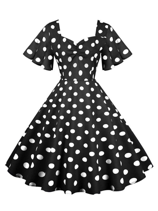 50s Dresses Short Sleeve Polka Knot Large Swing Anual Meeting Midi Dresses