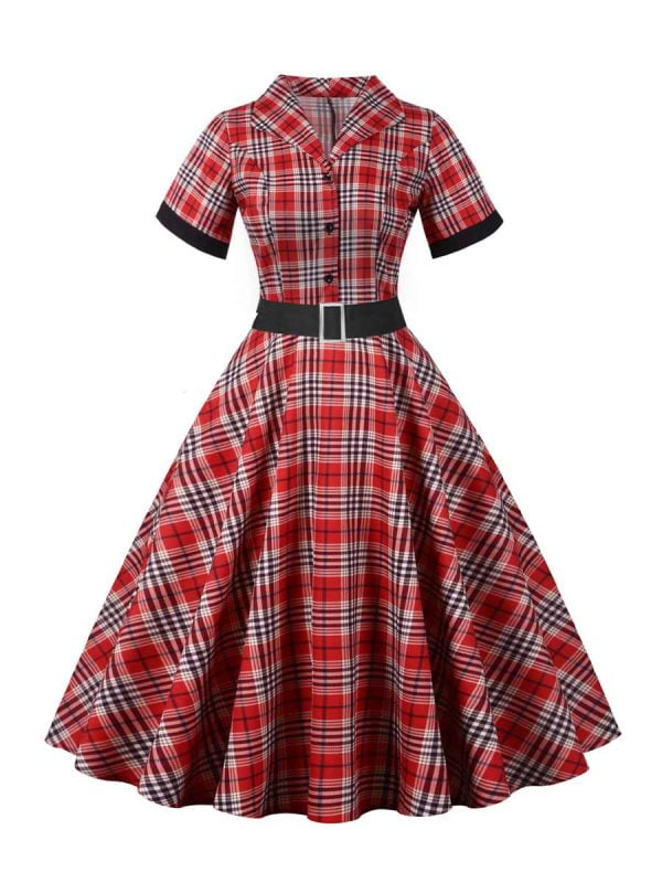 50s Dresses Hepburn's Stand Collar Single Breasted Short Sleeve Plaid Sash Dresses