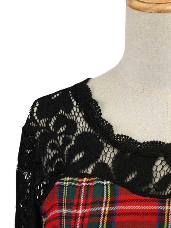 1950s Style Dresses Half Sleeve Lace Floral Plaid Large Swing Dresses