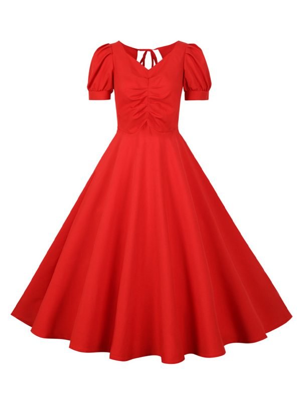Women's-Dress-Audrey-Hepburn-Solid-Color-V-Neck-Short-Sleeve-Large-Swing-Dress Women's Dress Audrey Hepburn Solid Color V-Neck Short Sleeve Large Swing Dress