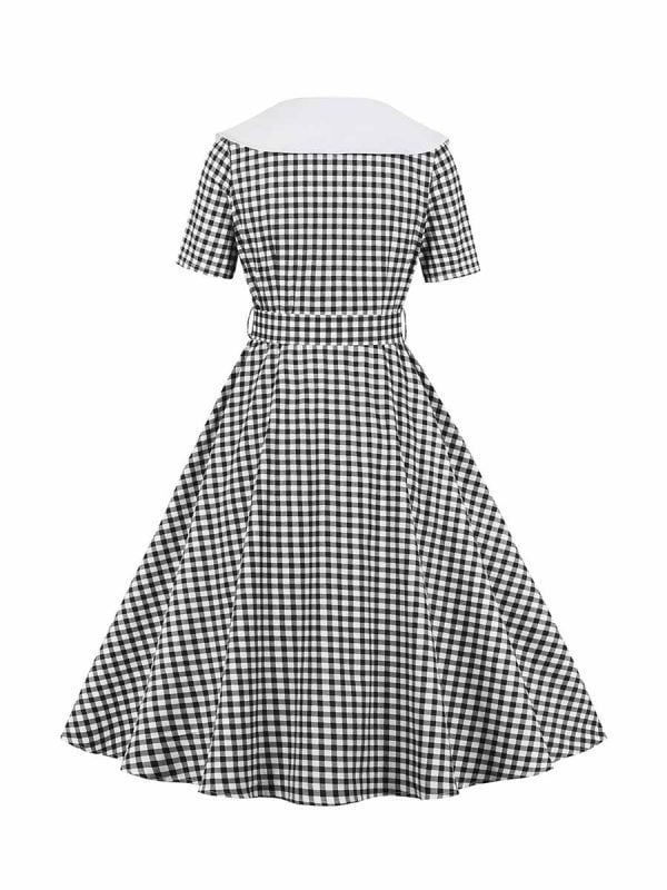 Retro Plaid Stitching Short-sleeved Swing Dress With Belt