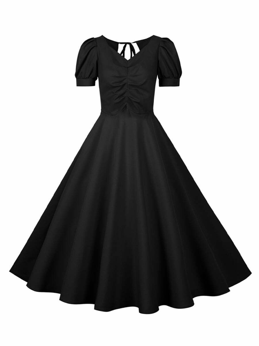 Swing Dress Audrey Hepburn Solid Color V-Neck Short Sleeve Midi Dress ...