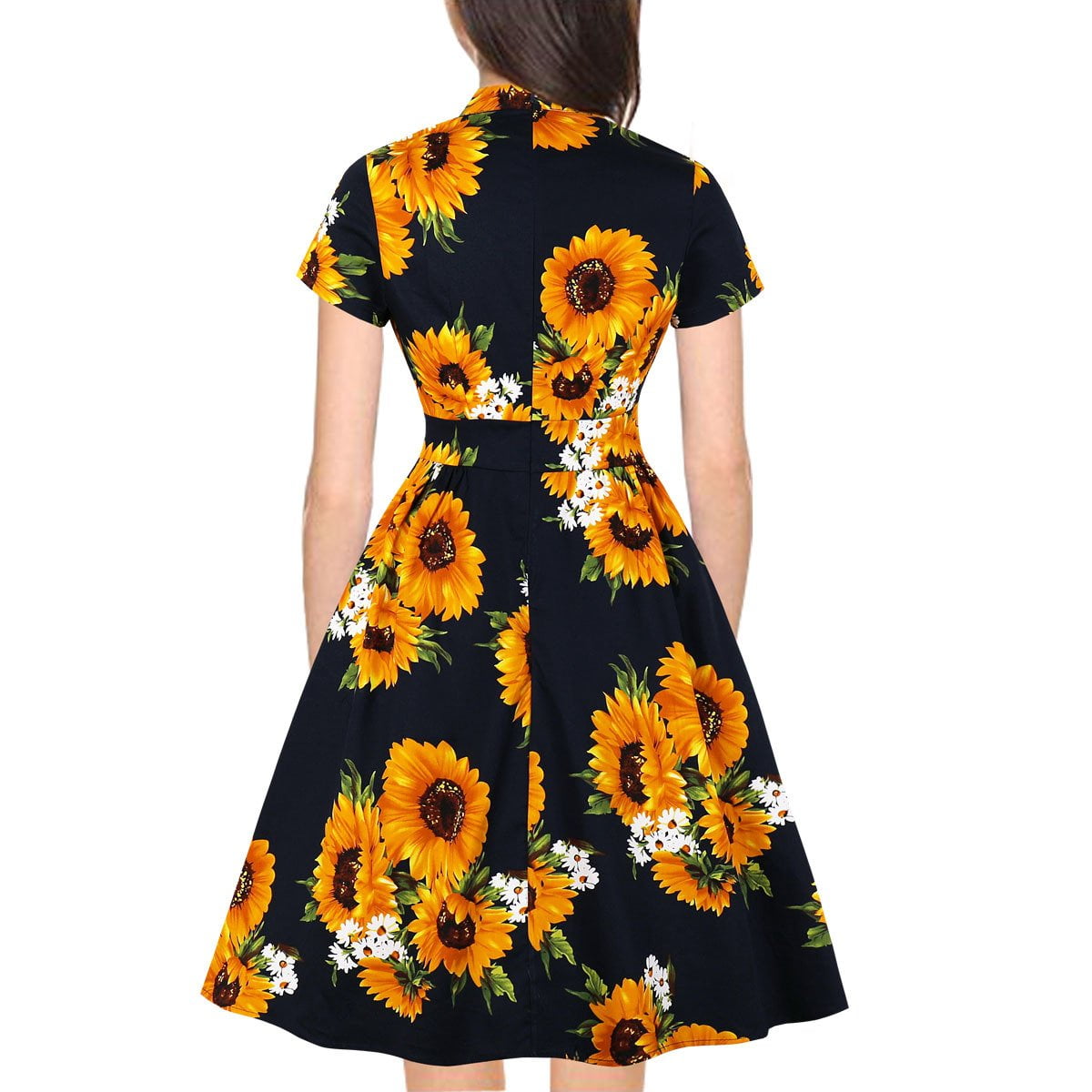 Sunflower Dress Pocket V-neck Big Swing Dress - Vintage-Retro