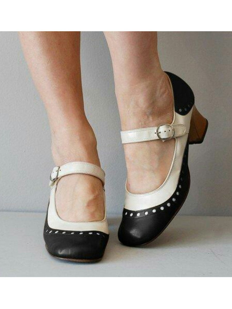 Womens Vintage Ankle Strap Med Block Heels Round Toe Mary Jane Buckle Shoes G732 