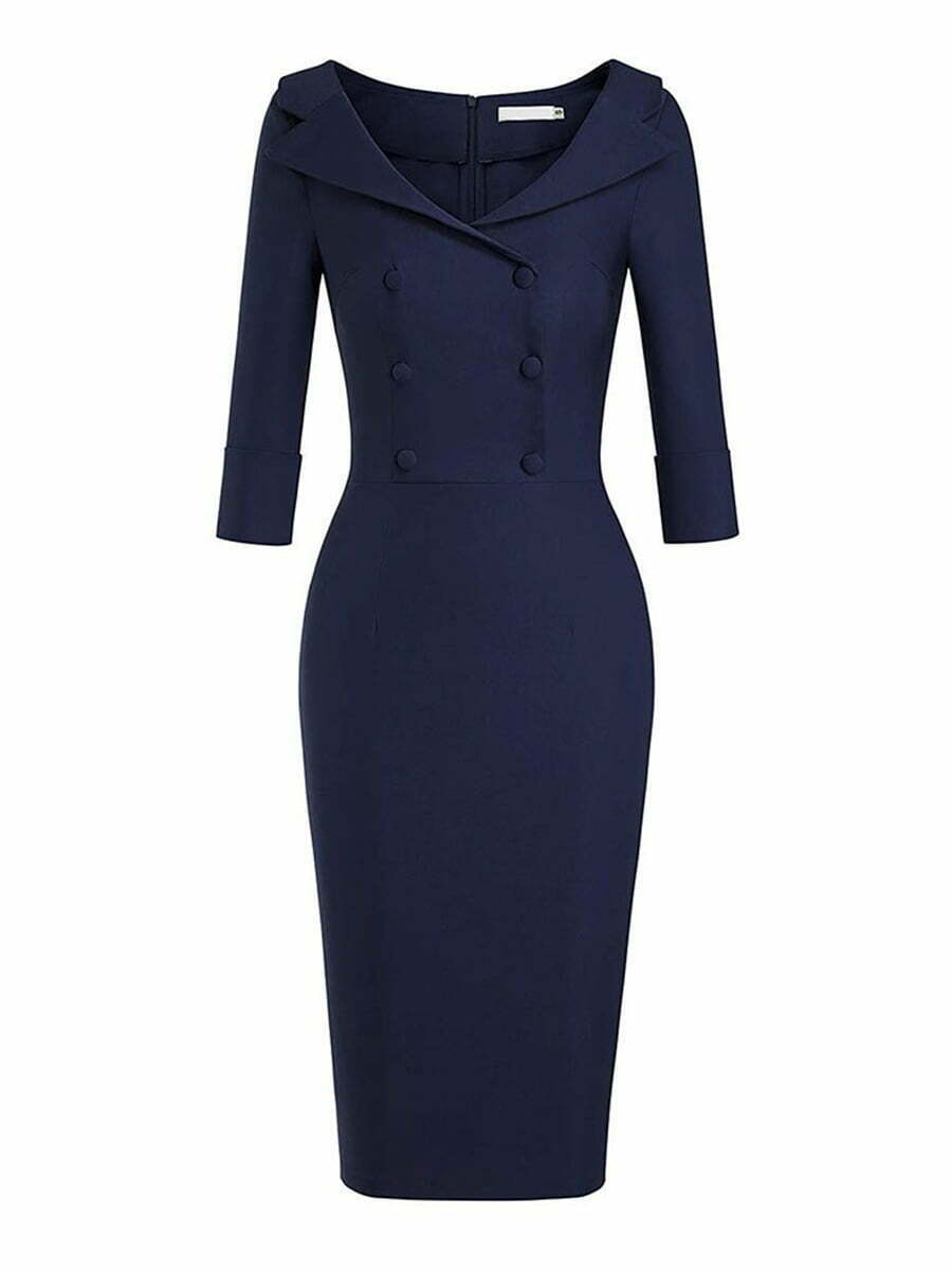 Pencil Dress Vintage Solid Color Double Breasted Wiggle Dress - Vintage ...