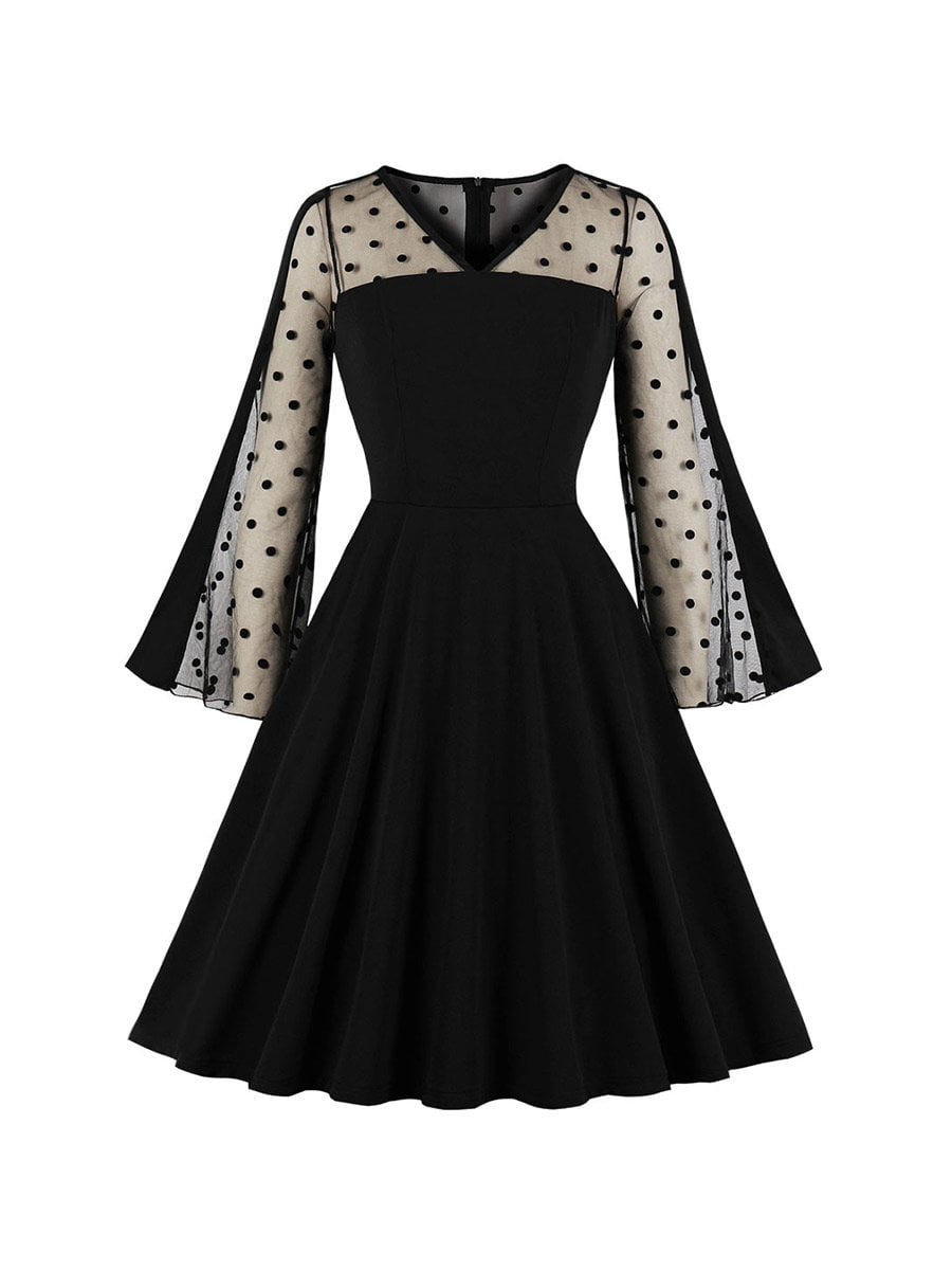 Black Dress Mesh Long-sleeved Large Swing Dress - Vintage-Retro