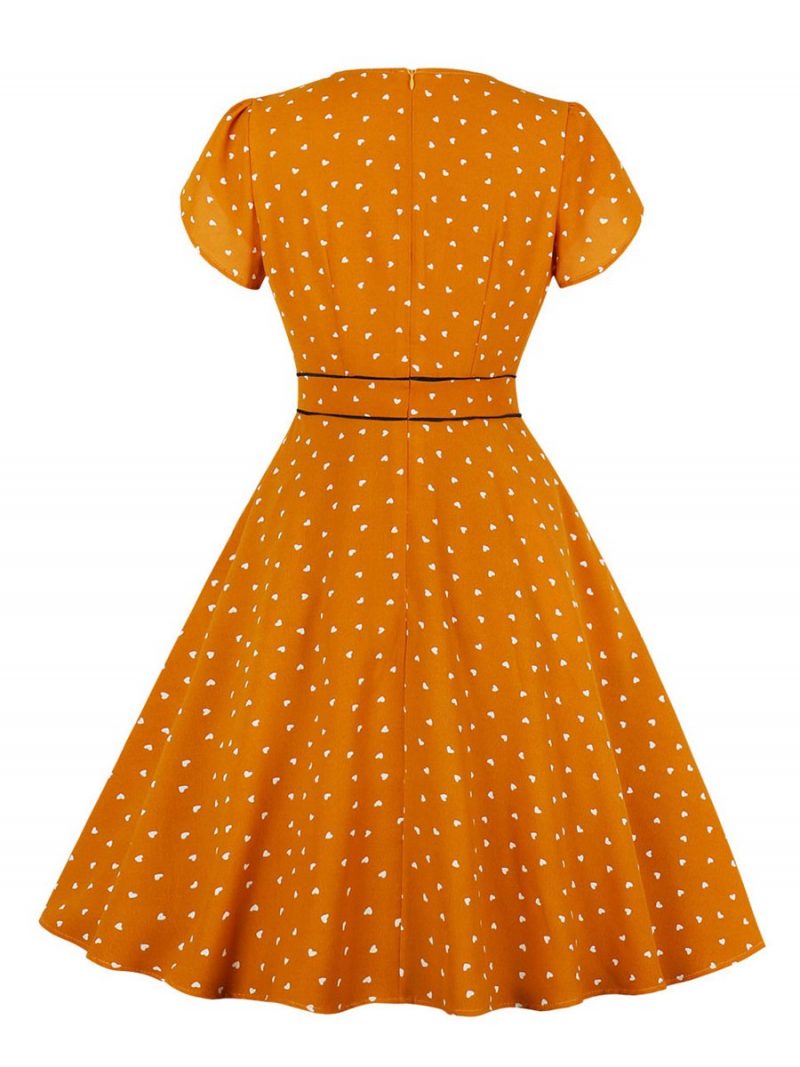 Polka Dot Dress Heart Pattern V Neck Knee Length Dress - Vintage-Retro