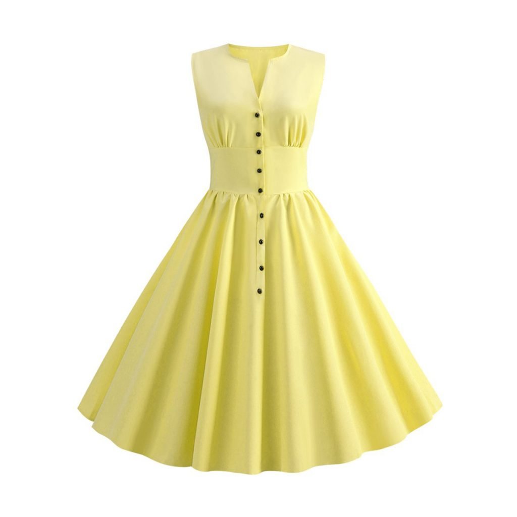 Hepburn Style Tea Dress Sleeveless Solid Color Midi Dress VintageRetro