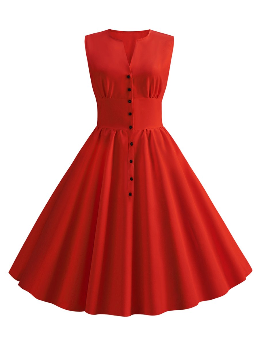 Hepburn Style Tea Dress Sleeveless Solid Color Midi Dress - Vintage-Retro