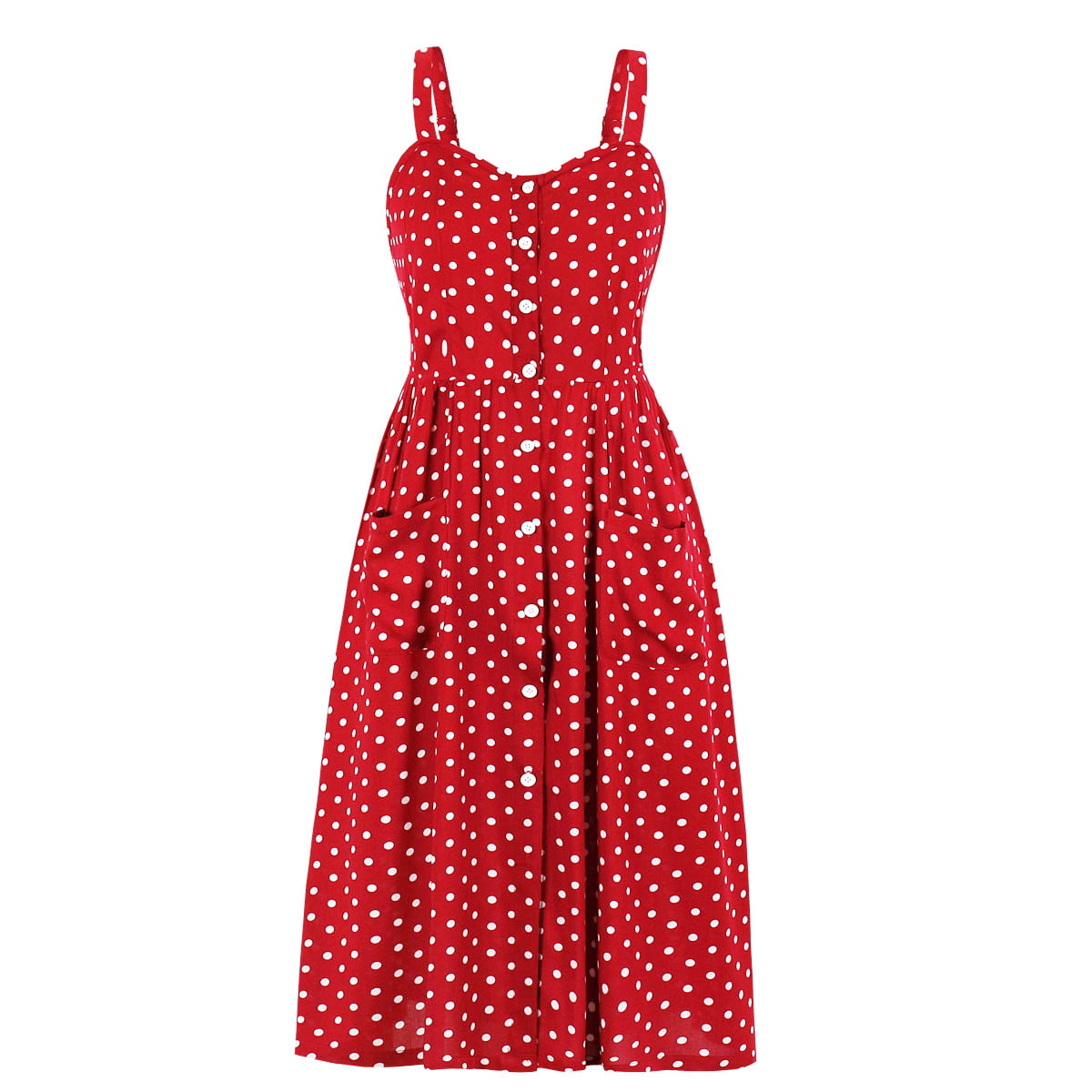 Spaghetti Strap Dress Casual Polka Dot Summer Long Dress with Pocket -  Vintage-Retro
