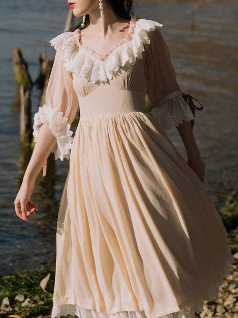 Ruffles Lace Puffed Sleeve Swing Victoria's Fairy Dress - Vintage-Retro
