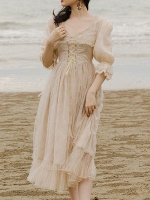 Champagne Regency Style Ruffles Puff Sleeve Lace Vintage Dress