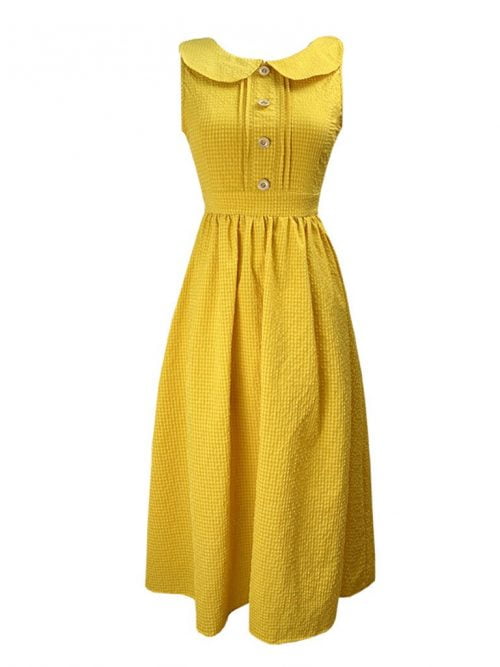 Yellow Peter Pan Collar Long Sleeves A-Line Midi 1950s Dress