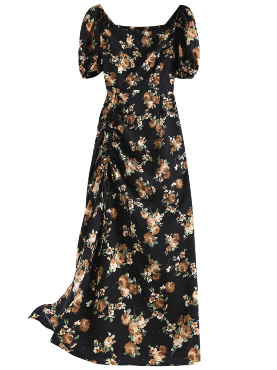 Maxi Long Dress Floral Square Neck Split Vintage Dress - Vintage-Retro