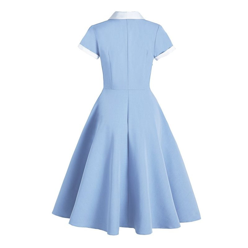1950s Blue Dresses Short Sleeve Pockets Swing Dresses - Vintage-Retro