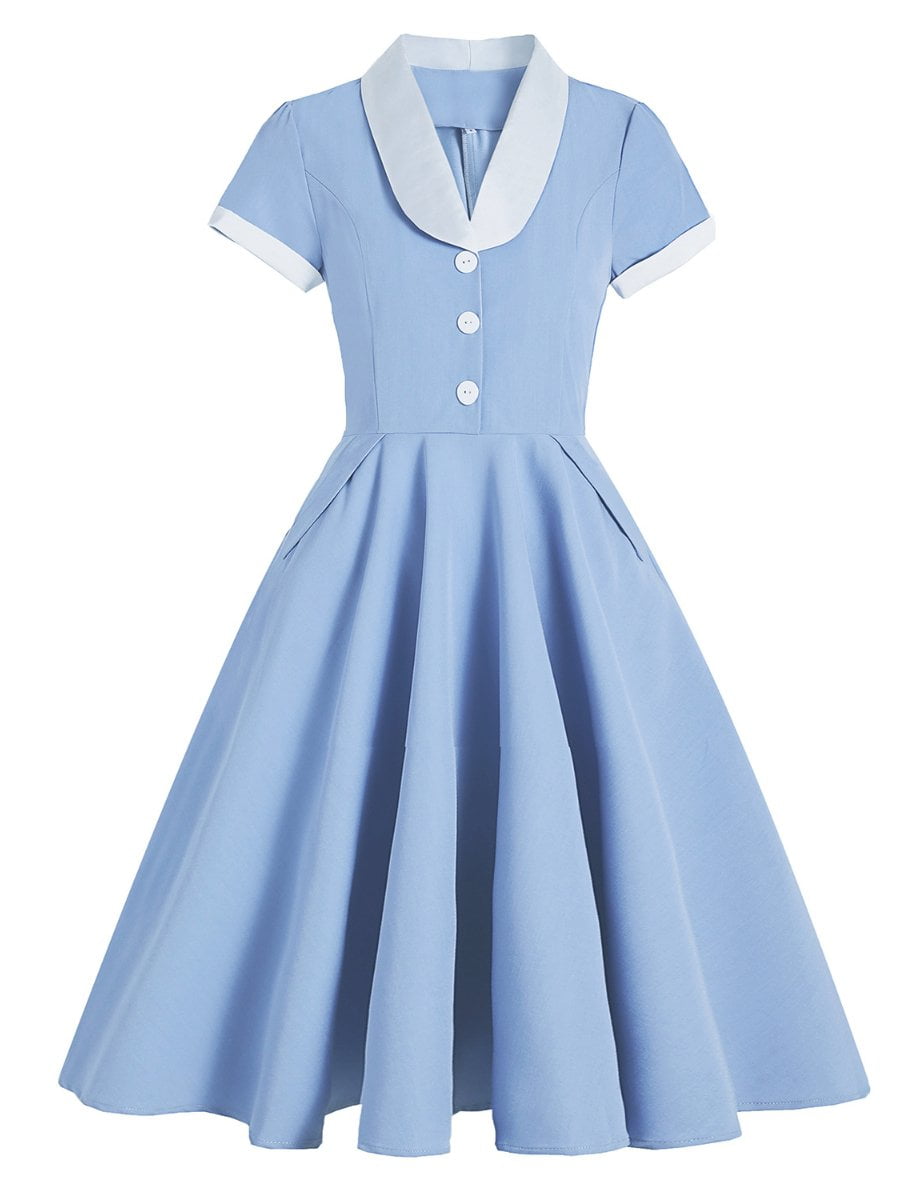 1950s Blue Dresses Short Sleeve Pockets ...