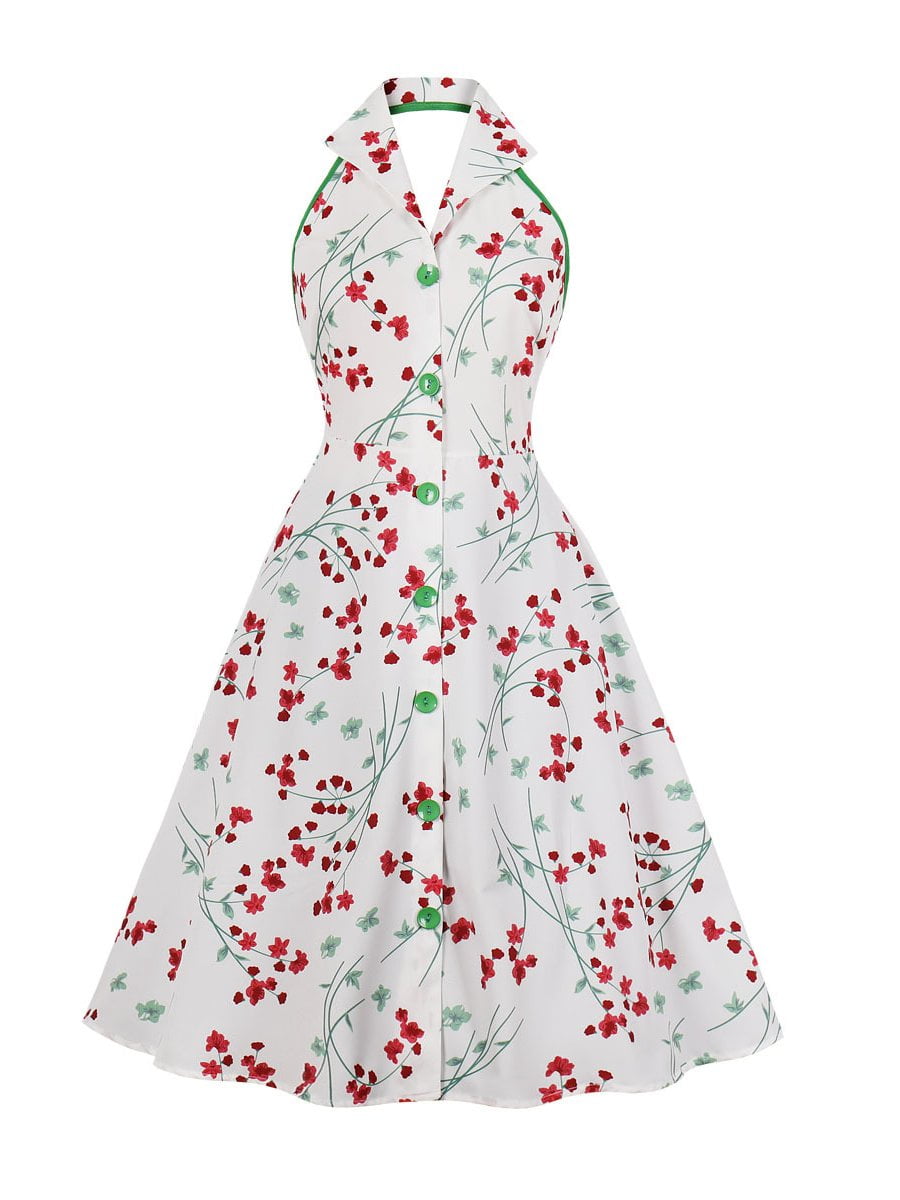 Women's Halter Dress Sleeveless Backless Swing Floral Dresses - Vintage ...