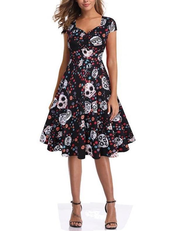 Women's Halloween Dress Elegant Skulls Floral Evening Party Swing Dress ...