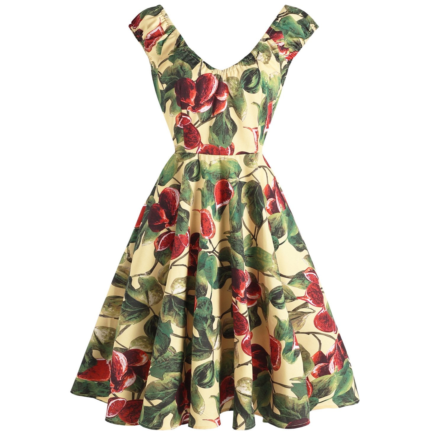 1950s Dresses Deep V-Neck Backless Retro Floral Swing Midi Dresses ...