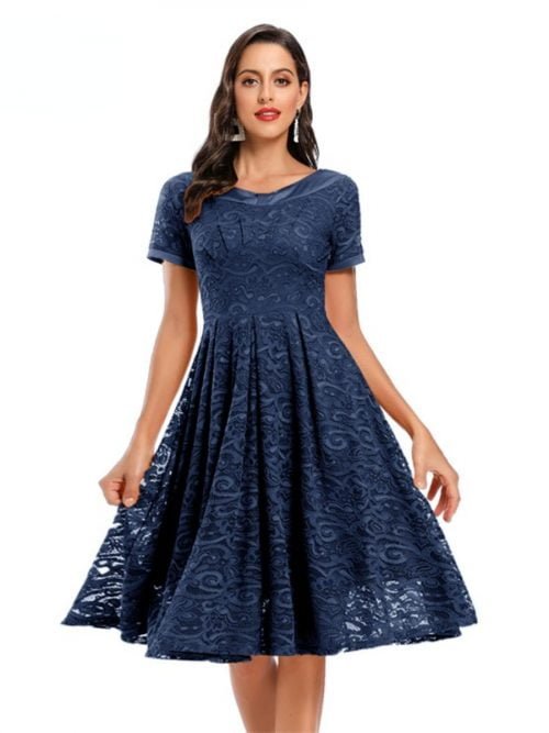 Women's Dresses Round Neck Short Sleeve Lace Tiewaist Knee Length Swing Dresses VintageRetro