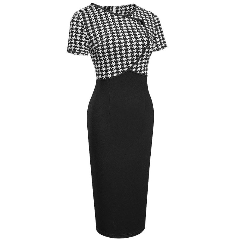 Bodycon Dress For Women Cross Vneck Houndstooth Stitching Vintage Bodycon Dress VintageRetro