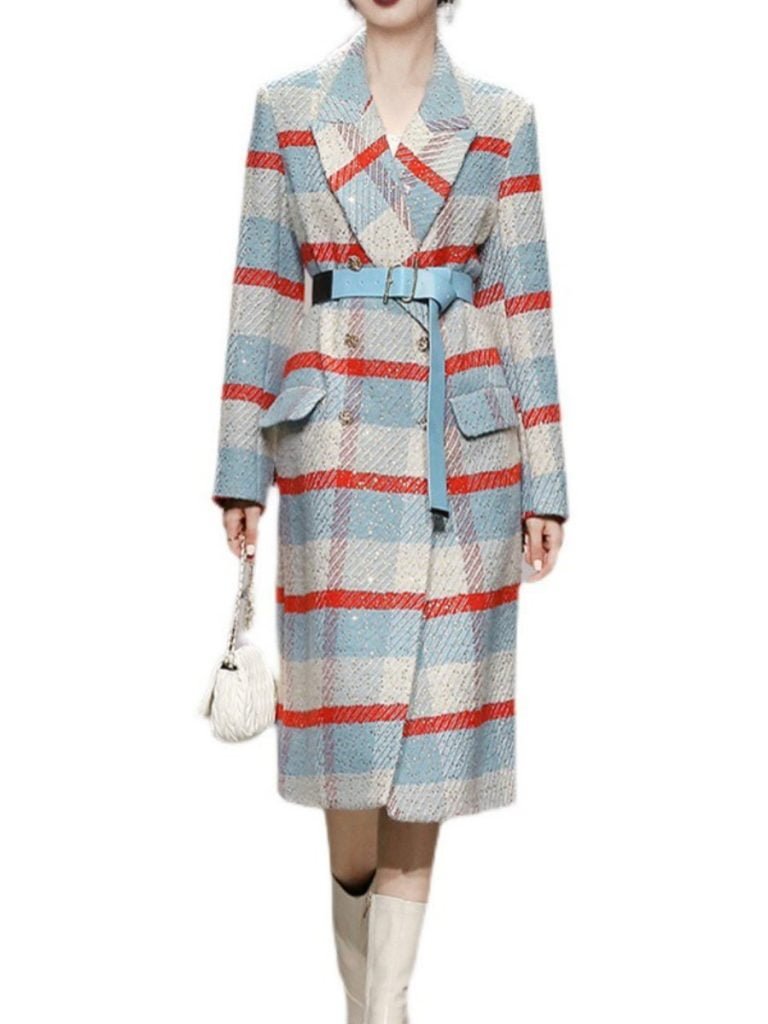 Women's Coats Lapel Buttoned Plaid Long Sleeve Coat main image 1
