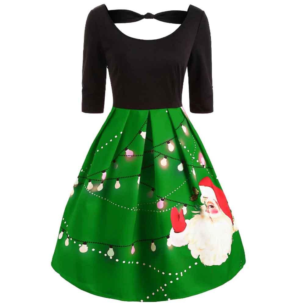 Women's Christmas Dress Backless Bow Printed Midi Sleeve Swing Dresses ...